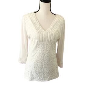 Shannon Ford New York White Tunic Blouse  Size M 3/4 Sleeve Crochet Lace